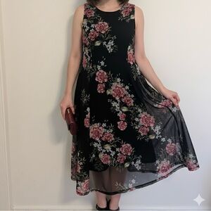 Torrid Floral Midi Dress Black Pink Roses Sleeveless Size 1 (14-16) | A-Line